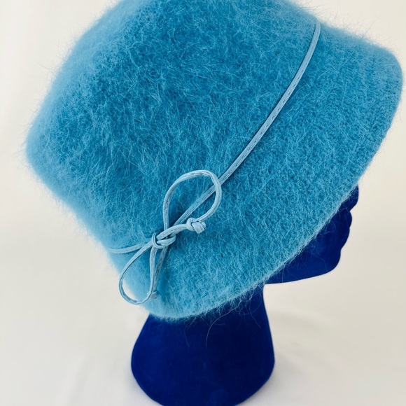 Cheveux CC Teal Blue Angora Blend Bucket Pill Box Hat with leather bow One Size - Picture 2 of 12